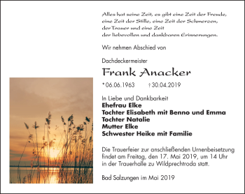 Traueranzeige von Frank Anacker von Südthüringer Presse