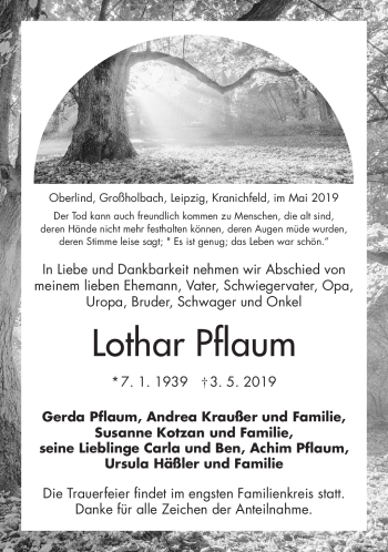 Traueranzeige von Lothar Pflaum von Südthüringer Presse