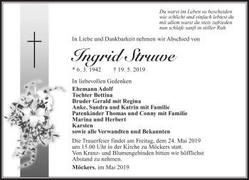 Traueranzeige von Ingrid Struwe von Südthüringer Presse