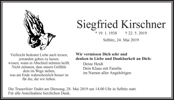 Traueranzeige von Siegfried Kirschner von Frankenpost