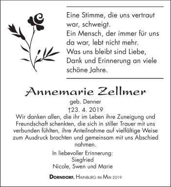 Traueranzeige von Annemarie Zellmer von Südthüringer Presse