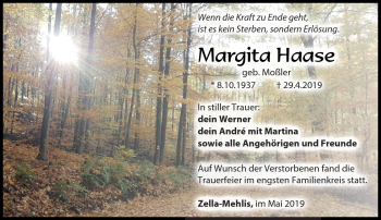 Traueranzeige von Margita Haase von Südthüringer Presse