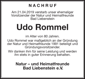 Traueranzeige von Udo Rommel von Südthüringer Presse
