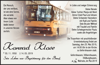 Traueranzeige von Konrad Klose von Südthüringer Presse