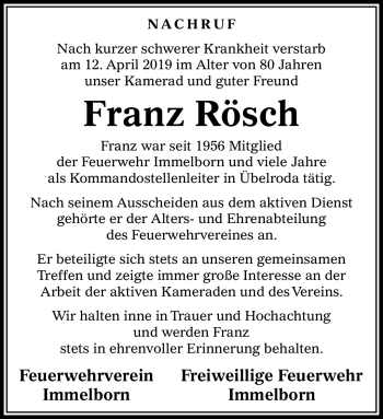 Traueranzeige von Franz Rösch von Südthüringer Presse
