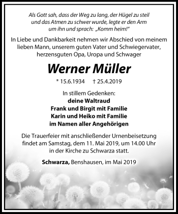 Traueranzeige von Werner Müller von Südthüringer Presse