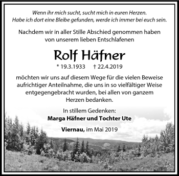 Traueranzeige von Rolf Häfner von Südthüringer Presse