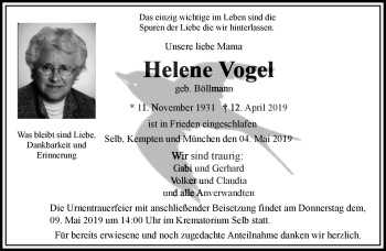 Traueranzeige von Helene Vogel von Frankenpost