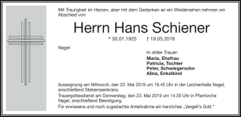 Traueranzeige von Hans Schiener von Frankenpost
