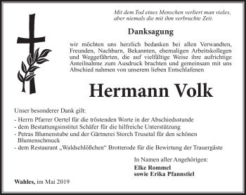 Traueranzeige von Hermann Volk von Südthüringer Presse
