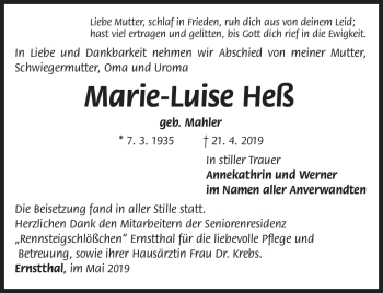 Traueranzeige von Heß Marie-Luise von Südthüringer Presse