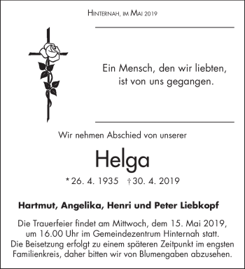 Traueranzeige von Helga Blumenberg von Südthüringer Presse