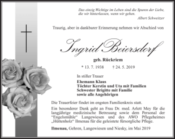 Traueranzeige von Ingrid Beiersdorf von Südthüringer Presse