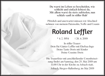 Traueranzeige von Roland Leffler von Südthüringer Presse