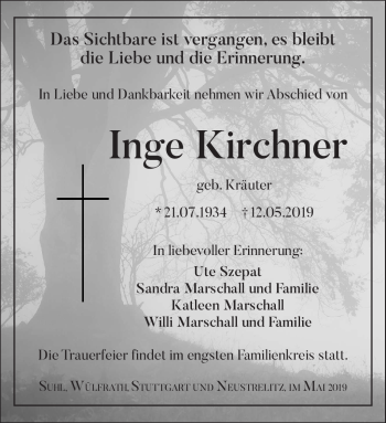 Traueranzeige von Inge Kirchner von Südthüringer Presse