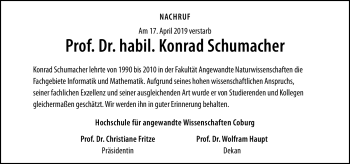 Traueranzeige von Prof. Dr. habil. Konrad Schumacher von Neue Presse Coburg