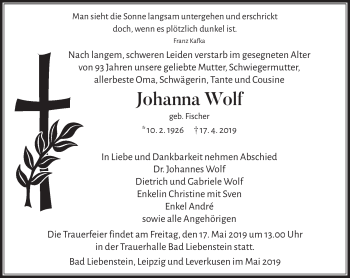 Traueranzeige von Johanna Wolf von Südthüringer Presse