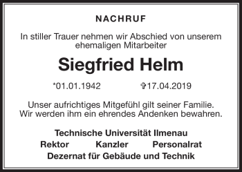 Traueranzeige von Siegfried Helm von Südthüringer Presse