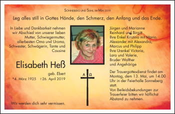 Traueranzeige von Ellisabeth Heß von Südthüringer Presse