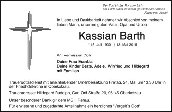 Traueranzeige von Kassian Barth von Neue Presse Coburg