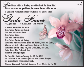 Traueranzeige von Gerda Bauer von Südthüringer Presse