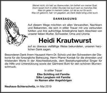 Traueranzeige von Heidi Krautwurst von Südthüringer Presse