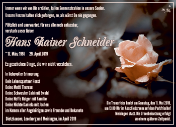 Traueranzeige von Hans Schneider von Südthüringer Presse