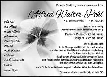 Traueranzeige von Alfred Pohl von Südthüringer Presse