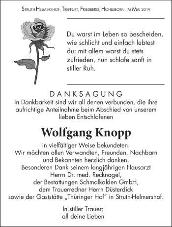 Traueranzeige von Wolfgang Knopp von Südthüringer Presse