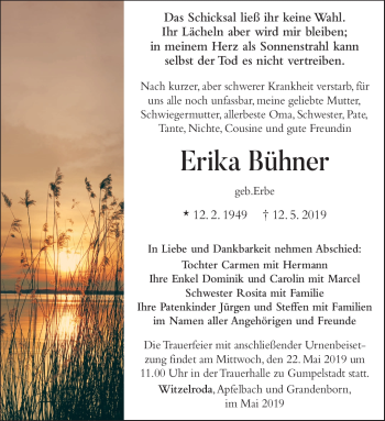 Traueranzeige von Erika Bühner von Südthüringer Presse