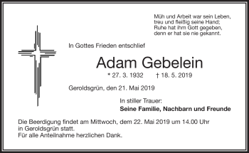 Traueranzeige von Adam Gebelein von Frankenpost