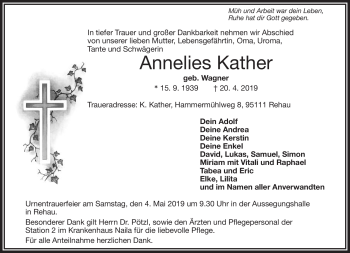 Traueranzeige von Annelies Kather von Frankenpost