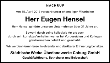 Traueranzeige von Eugen Hensel von Neue Presse Coburg