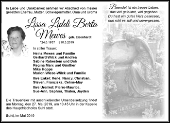 Traueranzeige von Lissa Mewes von Südthüringer Presse