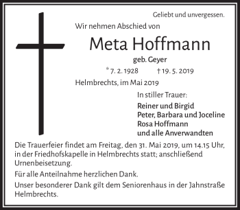 Traueranzeige von Meta Hoffmann von Frankenpost