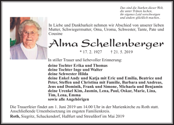 Traueranzeige von Alma Schellenberger von Südthüringer Presse