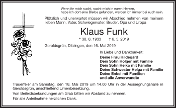 Traueranzeige von Klaus Funk von Frankenpost