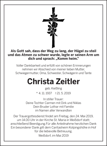 Traueranzeige von Christa Zeitler von Frankenpost