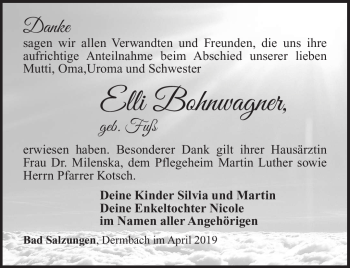 Traueranzeige von Elli Bohnwagner von Südthüringer Presse