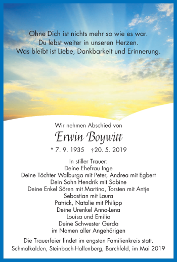 Traueranzeige von Erwin Boywitt von Südthüringer Presse