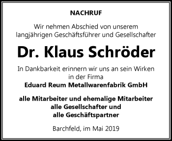 Traueranzeige von Dr. Klaus Schröder von Südthüringer Presse