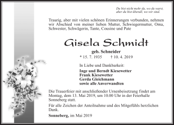 Traueranzeige von Gisela Schmidt von Südthüringer Presse