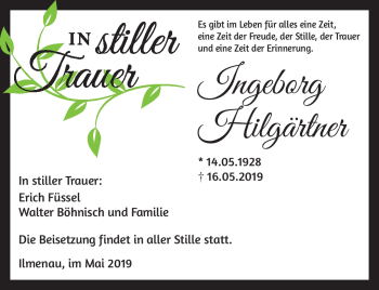 Traueranzeige von Ingeborg Hilgärtner von Südthüringer Presse