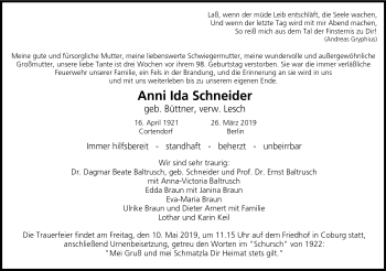 Traueranzeige von Anni Ida Schneider von Neue Presse Coburg