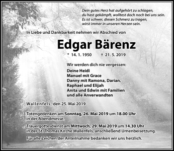 Traueranzeige von Edgar Bärenz von Neue Presse Coburg