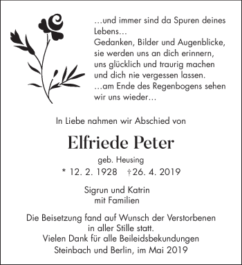 Traueranzeige von Elfriede Peter von Südthüringer Presse