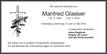 Traueranzeige von Manfred Glaeser von Frankenpost