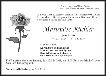 Traueranzeige von Marie-Luise Küchler von Südthüringer Presse