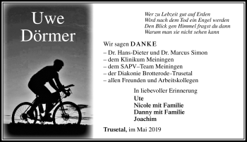 Traueranzeige von Uwe Dörmer von Südthüringer Presse