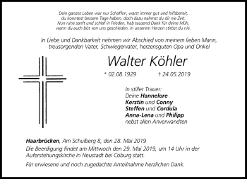 Traueranzeige von Walter Köhler von Neue Presse Coburg